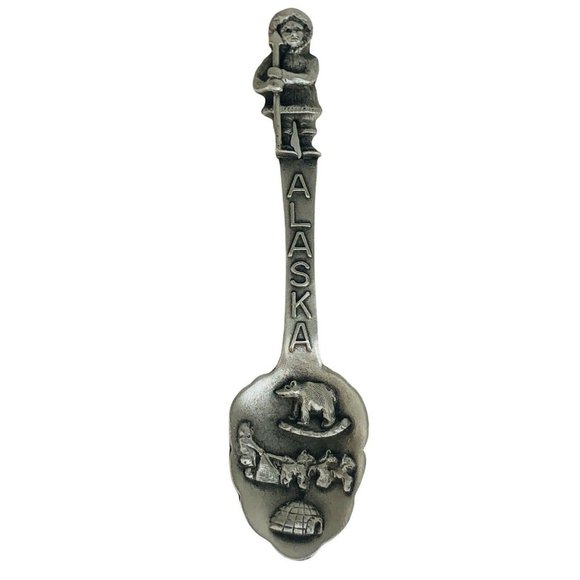 Fort Alaska Souvenir Pewter Spoon Inuit Bear Igloo Sled Dogs Alaskan Collectible - Picture 2 of 11